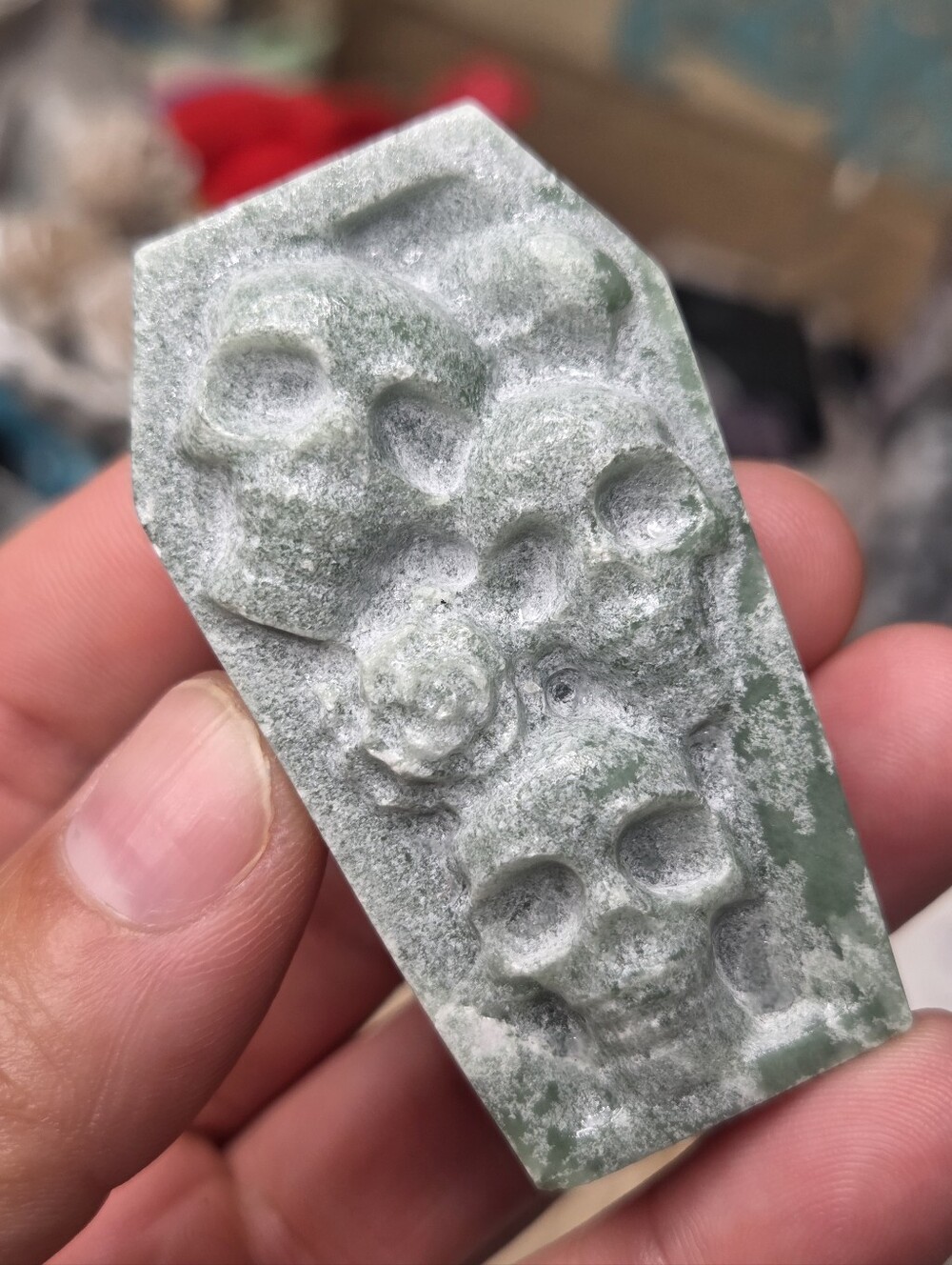 Green Aventurine Coffin With Skulls 2.5 In ( Good Fortune)